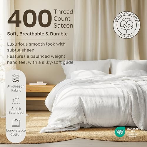 California Design Den Natural 100% Cotton Sheets Queen Size Bed Set - Soft 400 Thread Count Sateen, Queen Sheets, Deep Pockets with All Around Elasti