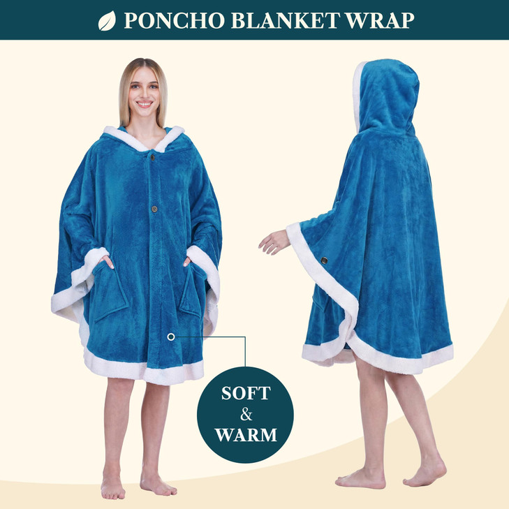 PAVILIA Wearable Blanket for Adult Women, Cozy Plush Fleece Blanket Poncho Cape with Hood, Super Soft Shawl, Angel Wrap Throw for Office, Turquoise S