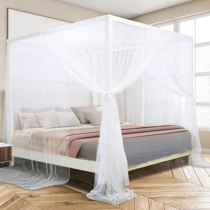 South to East White Canopy Bed Curtains, 4 Corner Post Bed Canopy for Girls & Adults, Top Luxurious Bed Drapes for Bedroom Decoration, 4 Openings, 10