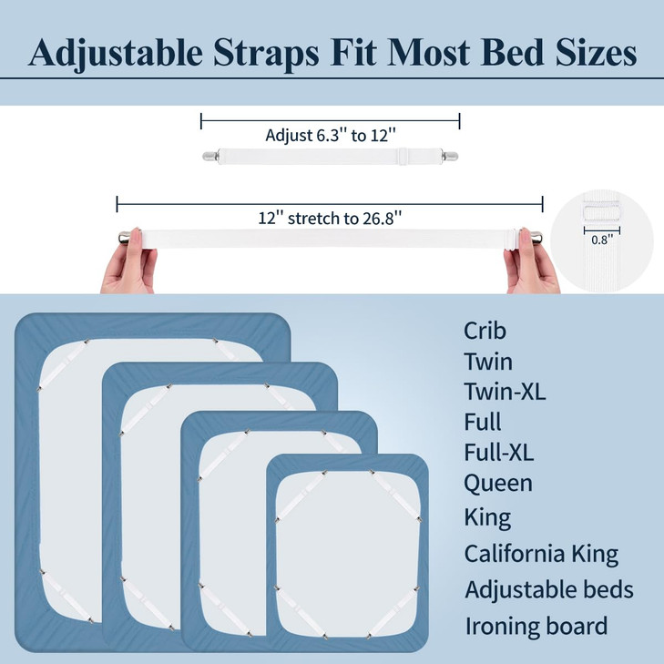 Bed Sheet Straps, Sopito Adjustable Elastic Fitted Sheet Corner Holders Straps to Stay in Place, Non-Slip Fasteners Clips Compatible for Crib to King