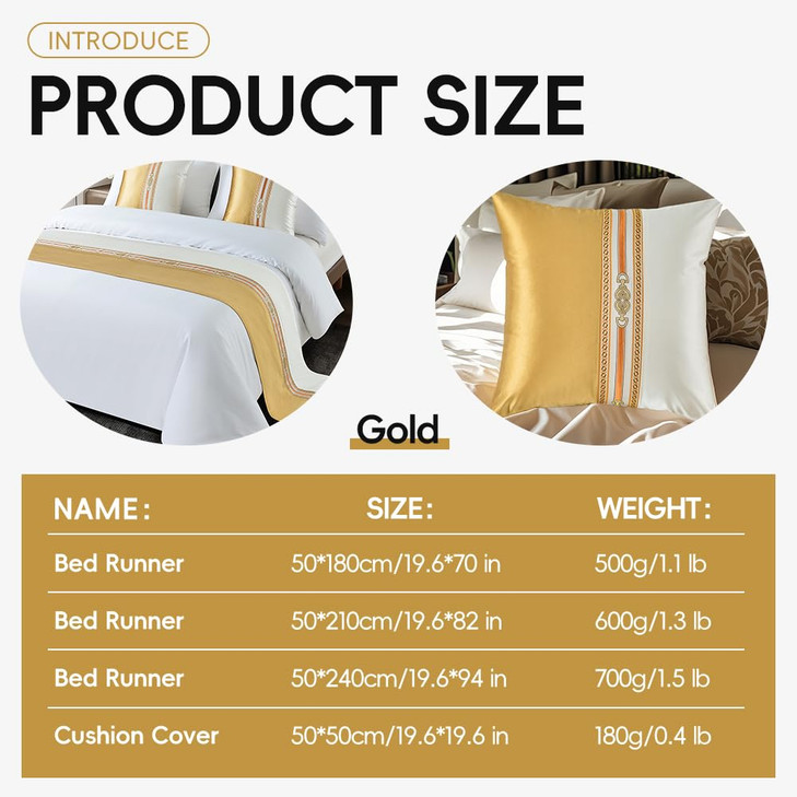 Bed Runner Smooth Comfort Decorative Jacquard Bed Scarf for Home and Hotel King Size Bed Throw Bedroom (Gold, 50x210cm/19.6x82in)