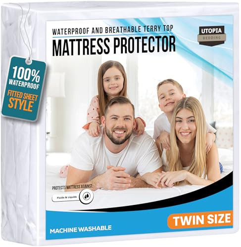 Utopia Bedding Waterproof Mattress Protector Twin Size, Premium 200 GSM Terry Mattress Cover, Soft & Breathable Bed Cover, Fitted Sheet Style with St