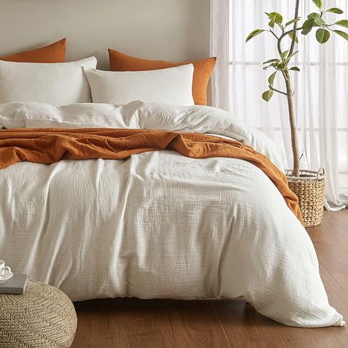 SE SOFTEXLY Muslin Duvet Cover King Size, 100% Washed Cotton Duvet Cover Set, Ultra Soft Comforter Cover Linen Like, 3 Pieces Minimalist Gauze Duvet