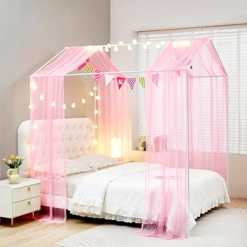 Mengersi House Bed Canopy Bed Curtains with Lights,Montessori Floor Bed Canopy for Girls Boys,Four Poster Bed Curtains House Bed Decoration (Twin/Twi