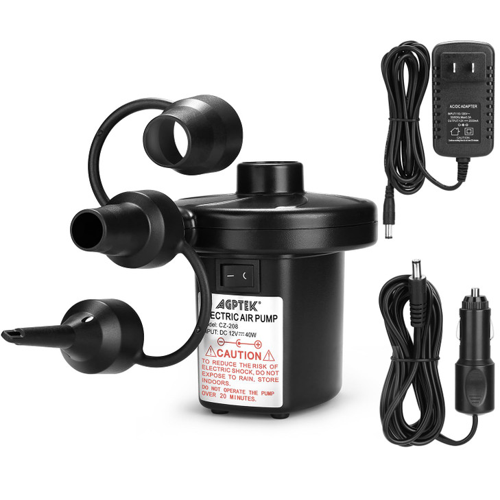 AGPTEK Electric Air Pump,Portable Air Pump with 3 Nozzles, 4.5kPa Quick-Fill,110V AC/12V DC Inflator/Deflator Pumps for Outdoor Camping, Inflatable A