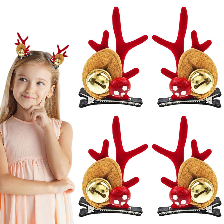 2 Pairs Christmas Hair Clip Red Hair Barrette Christmas Reindeer Hair Clip Bells Antler Pair Clip for Women Christmas Hair Accessories for Christmas
