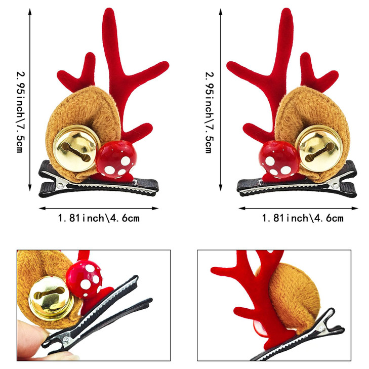 2 Pairs Christmas Hair Clip Red Hair Barrette Christmas Reindeer Hair Clip Bells Antler Pair Clip for Women Christmas Hair Accessories for Christmas