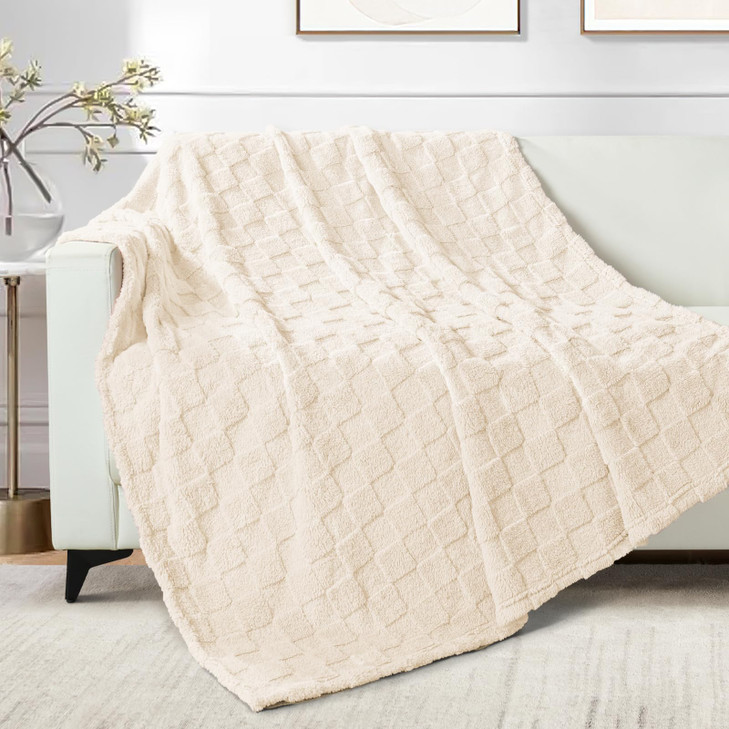 Exclusivo Mezcla Fleece Throw Blanket for Couch,Super Soft and Warm Lightweight Checkered Pattern Blankets for All Seasons, 50x60 Inches, Ivory