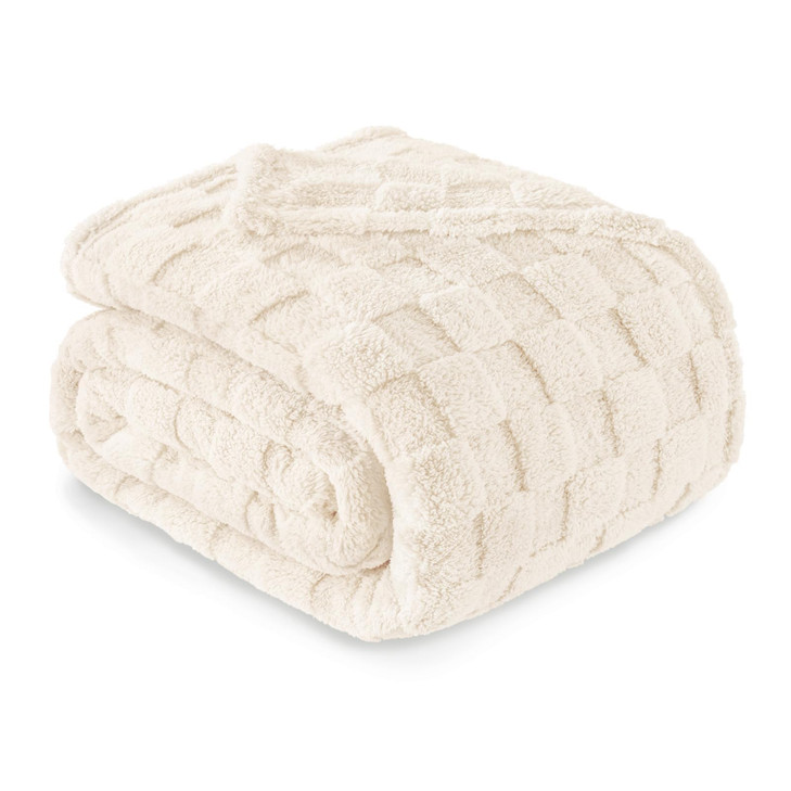 Exclusivo Mezcla Twin Size Flannel Fleece Blanket, Super Soft and Warm Lightweight Checkered Pattern Blankets for All Seasons, 60x80 Inches, Ivory