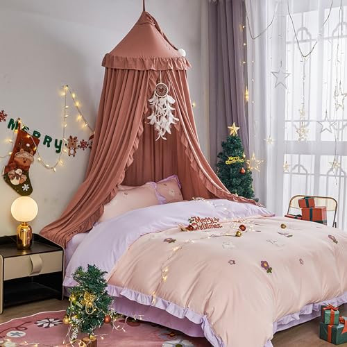 VETHIN Bed Canopy for Girls,Princess Round Dome Dreamy Mosquito Net Bedding Girls Room Castle Play Tent Hanging House Decor Reading Nook Canopies (Ju