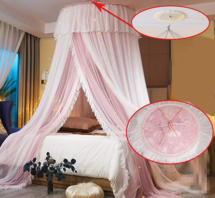 VETHIN Bed Canopy Princess for Girls,Bed Canopy Curtain Double Layer Sheer Mesh Dome Bed Curtain- Round Lace Princess Mosquito Net Tent for Twin Full