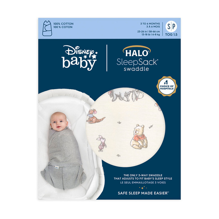 HALO Disney Baby 100% Cotton Sleepsack Swaddle, 3-Way Adjustable Wearable Blanket, TOG 1.5, Winnie Frolic, Newborn, 0-3 Months