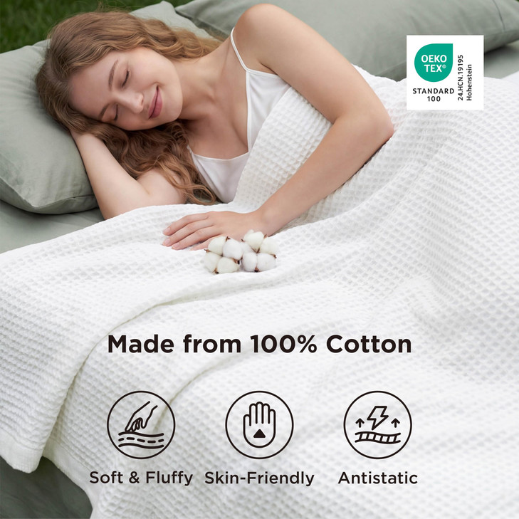 Bedsure Gentlesoft 100% Cotton Blanket Queen Size for Bed - Breathable and Soft for Spring Summer, Thick Cozy Waffle Weave Blanket Gifts for Women, W