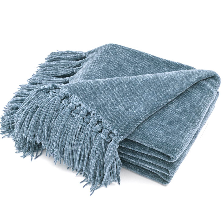 RECYCO Throw Blanket Soft Cozy Chenille Throw Blanket with Fringe Tassel for Couch Sofa Chair Bed Living Room Gift (Dusty Blue, 50'' x 60'')