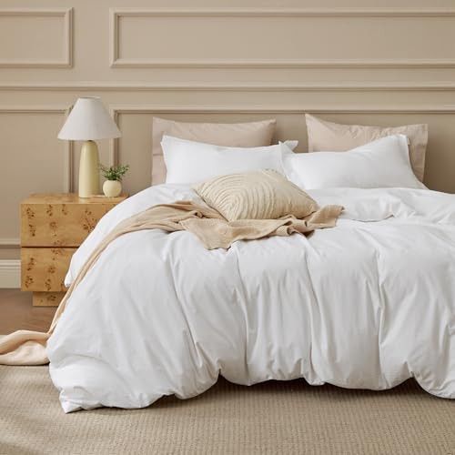 Bedsure 100% Washed Cotton Duvet Cover Queen Size - Natural White Minimalist Cotton Duvet Cover Linen Like for All Seasons - GentleSoft Plain Simple