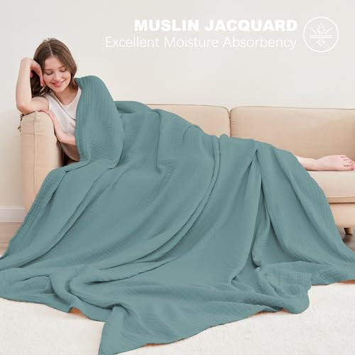 Cosy Family 4 Layer Muslin Bed Blanket - Breathable and Lightweight Gauze Boho Blanket for Spring, Soft 100% Cotton Muslin Blanket, Green, 55x80 Inch