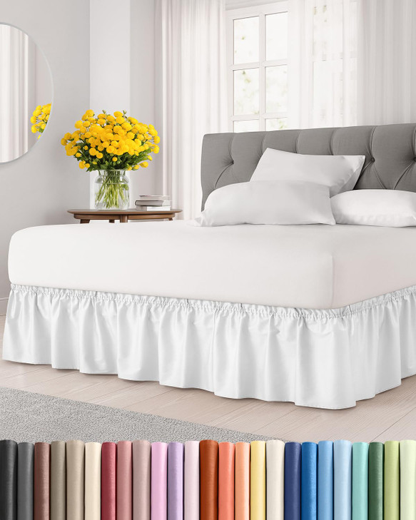 Wrap Around Dust Ruffle Bed Skirt - White - for Queen Size Beds with 15 Inch Drop - Easy Fit Elastic Strap - Adjustable Pleated Bedskirt w/Brushed Fa
