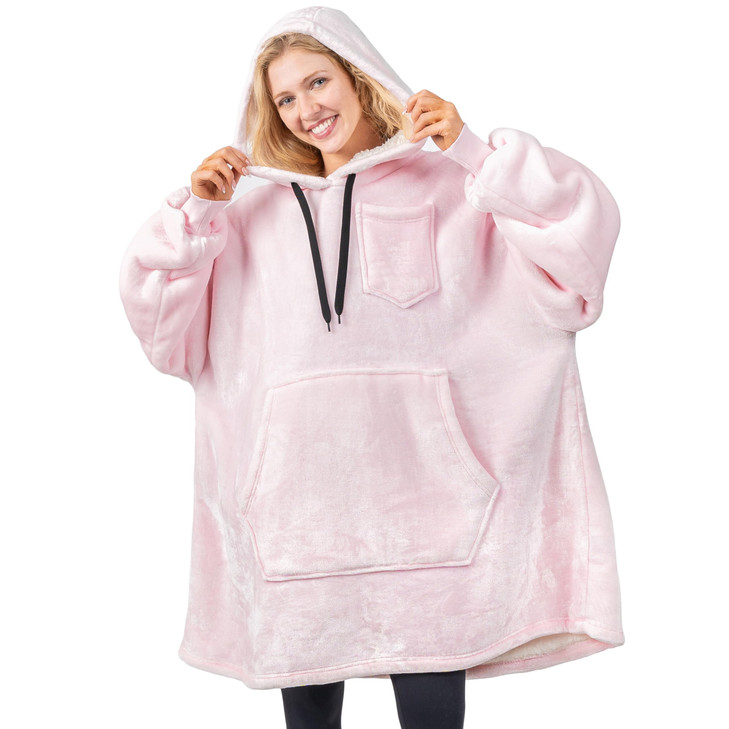 PAVILIA Blanket Hoodie for Women Pink, Sherpa Wearable Blanket Men, Cozy Oversized Sweatshirt Blanket, Warm Fleece Hooded Blanket Sweater with Sleeve