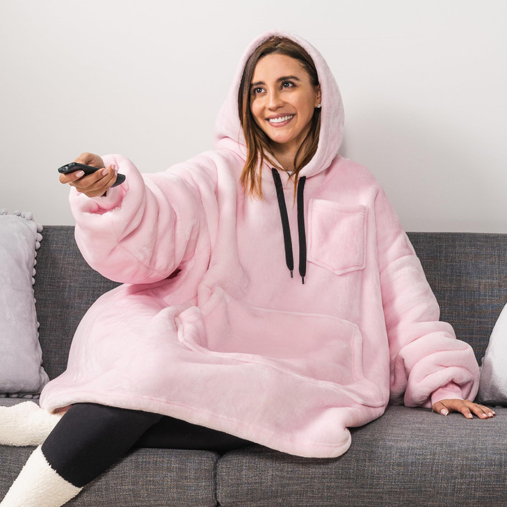 PAVILIA Blanket Hoodie for Women Pink, Sherpa Wearable Blanket Men, Cozy Oversized Sweatshirt Blanket, Warm Fleece Hooded Blanket Sweater with Sleeve