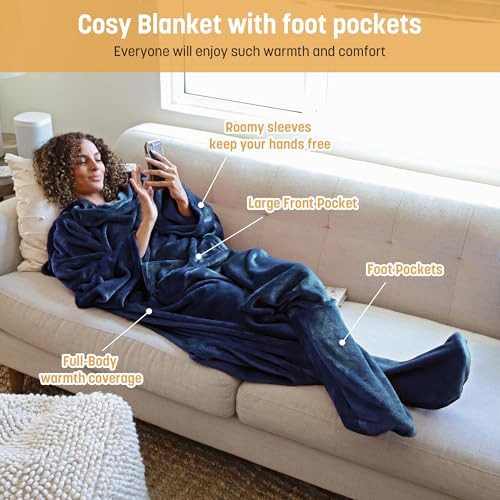 Catalonia Wearable Fleece Blanket with Sleeves and Foot Pockets for Adult Women Men, Micro Plush Comfy Wrap Sleeved Throw Blanket Robe Large, Gift fo