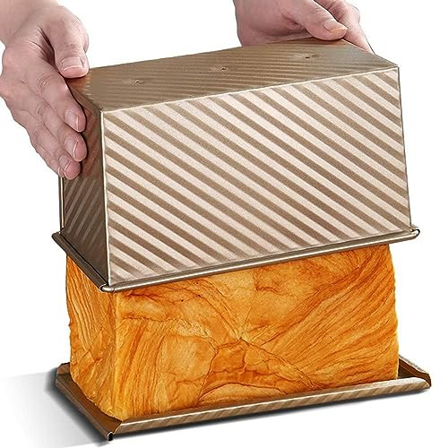 Cayanmydery Pullman Loaf Pan with Lid, Non-Stick Bakeware Golden Corrugated Carbon Steel Bread Toast Box Mold with Cover for Baking Bread, 1 lb Dough