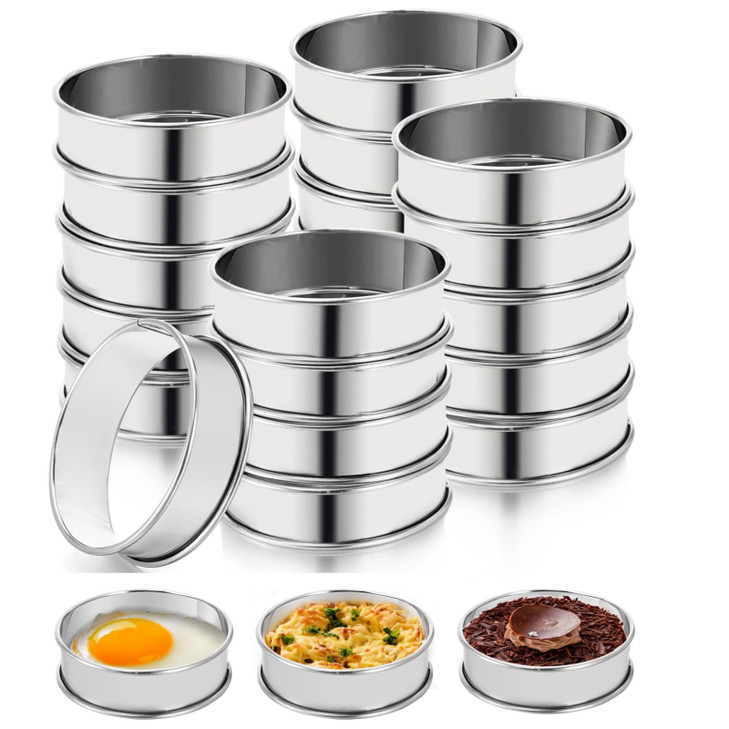 Lyellfe 20 Pieces English Muffin Rings, Stainless Steel Crumpet Rings, 3 Inch Double Rolled Nonstick Muffin Tart Ring Mold for Home Baking, Food Maki