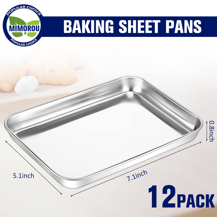 Mimorou 12 Pcs Baking Sheet Stainless Steel Cookie Small Metal Sheet Pans Professional Rectangle Oven Trays Kitchen Baking Cooking Oven and Toaster,