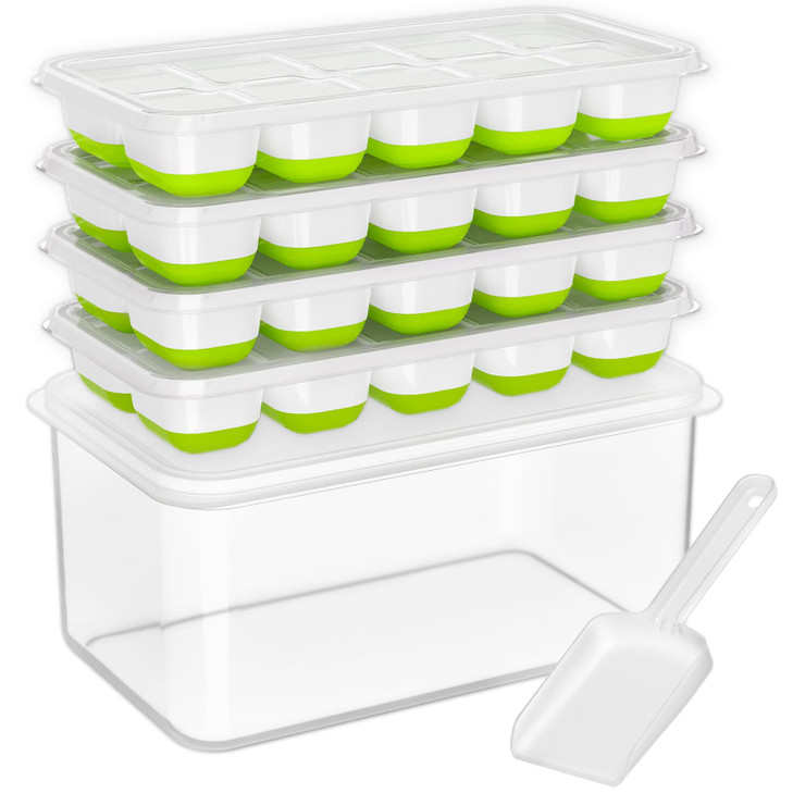 DOQAUS Ice Cube Tray with Lid and Bin - 4 Pack Silicone Ice Cube Trays for Freezer, Stackable Ice Bucket Kits with Storage Container & Scoop for Kitc