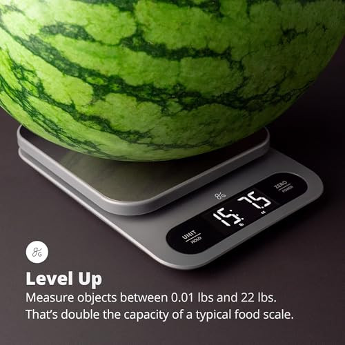 Greater Goods Digital Food Scale for Kitchen & Baking, 10kg/22lb High-Capacity Weight Scale with 1g Precision, Stainless Steel Platform, Hi-Def LCD,