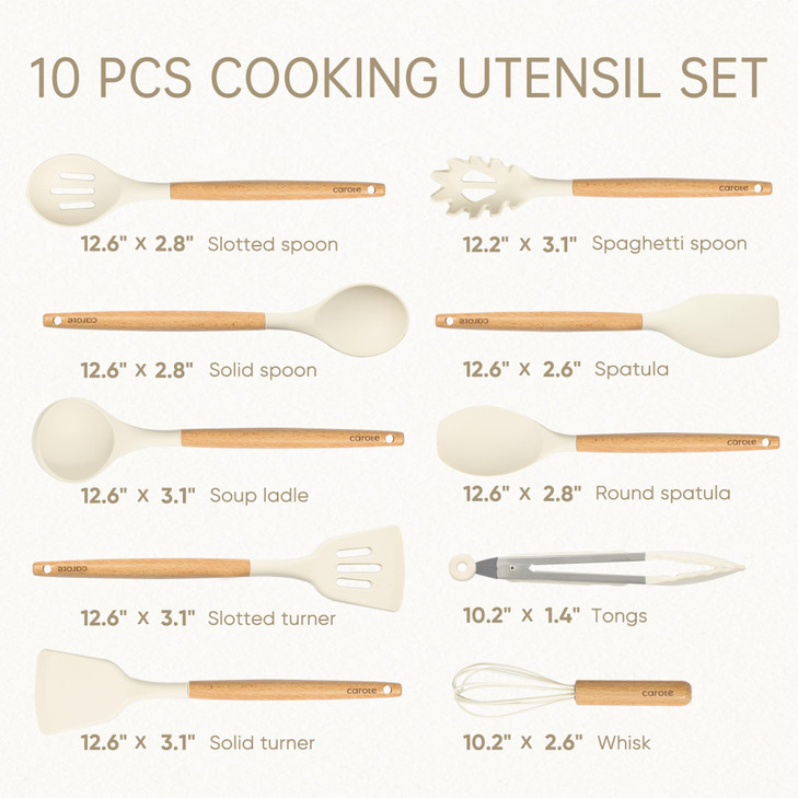 CAROTE Silicone Cooking Utensils Set, Kitchen Utensils Set 10 Pcs for cooking, BPA Free Spatula Set with Heat Resistant Wood Handles for Nonstick Coo