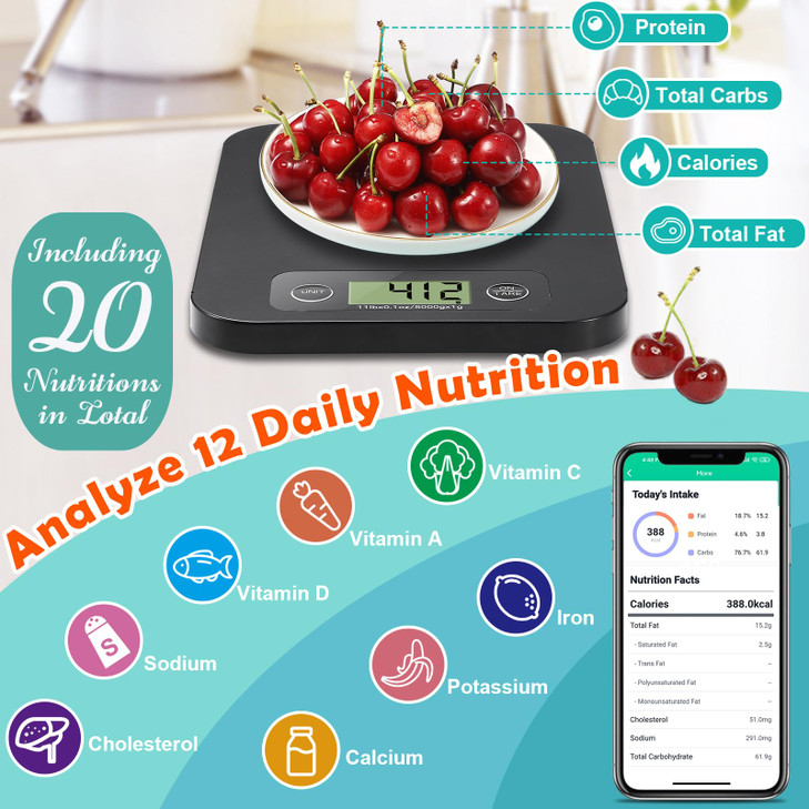 URAMAZ Food Scale with Nutritional Calculator, Digital Food Scales for Kitchen Scale Grams and Ounces, Smart Food Weight Scale for Weight Loss, 20 Nu