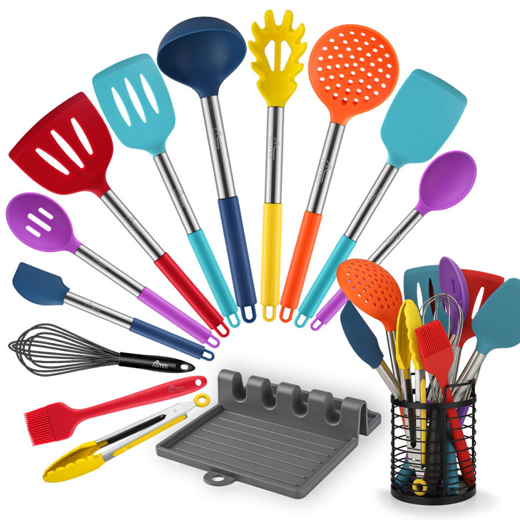HOTEC 446°F Heat Resistant Silicone Kitchen Utensils, Cooking Utensil Set, Spatula Set, BPA Free, Kitchen Gadgets, Utensils Holder, Dishwasher Safe,