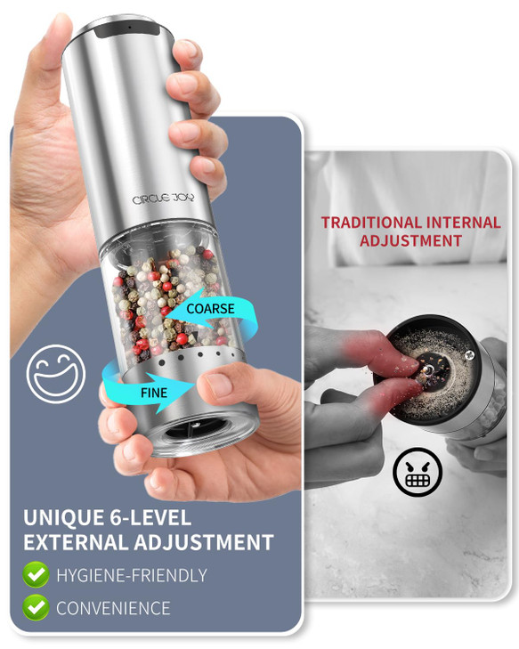CIRCLE JOY Rechargeable Electric Salt and Pepper Grinder Set with Base, Stainless Steel Pepper Mills with 95ml Container, White LED Light and Externa