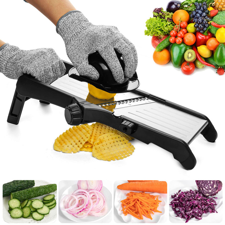 VEKAYA Mandoline Slicer for Kitchen, Stainless Steel Professional Vegetable Slicer with Adjustable Thickness, Ultra Sharp Blades, Safety Gloves & Foo