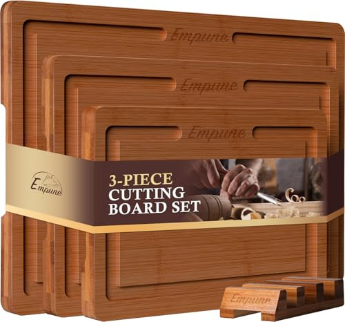 Empune Bamboo Cutting Board Set, Wood Cutting Boards for Kitchen with Holder Wooden Chopping Board for Meal Prep & Serving, Brown