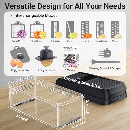 SpaceHacks 12-in-1 Vegetable Chopper, Kitchen Gadgets with 7 Blades, Veggie, Food, Onion Chopper, Cucumber Slicer, Versatile Mandoline, Includes Egg