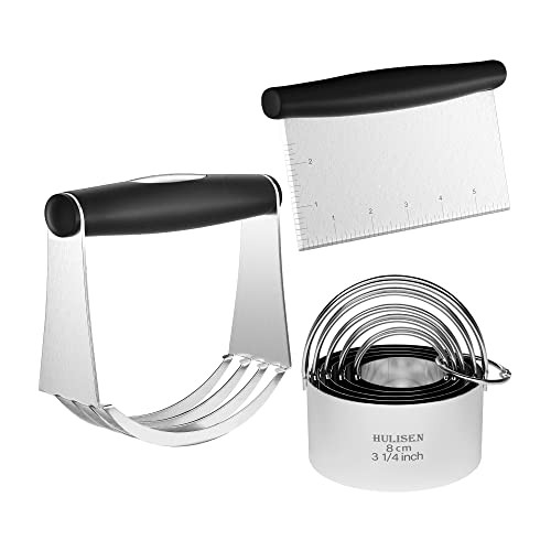 HULISEN Stainless Steel Biscuit Cutter Set, Pastry Scraper and Dough Blender, Sturdy & Long-Lasting with Ergonomic Rubber Grip, Professional Baking D