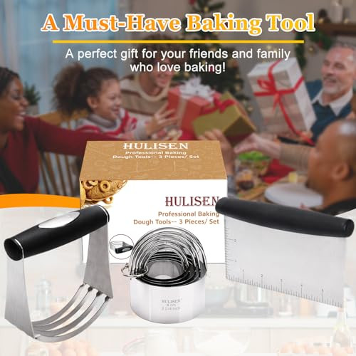 HULISEN Stainless Steel Biscuit Cutter Set, Pastry Scraper and Dough Blender, Sturdy & Long-Lasting with Ergonomic Rubber Grip, Professional Baking D
