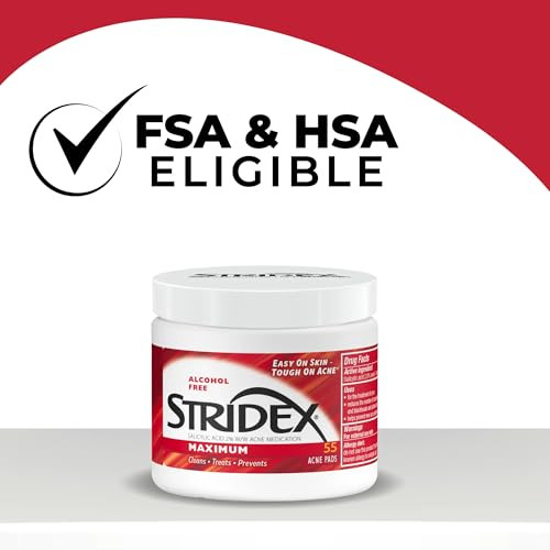 Stridex Medicated Acne Pads, Maximum, 55 Count  Facial Cleansing Wipes, Alcohol Free, Acne Treatment for Face, For Moderate Acne, Smooth Application