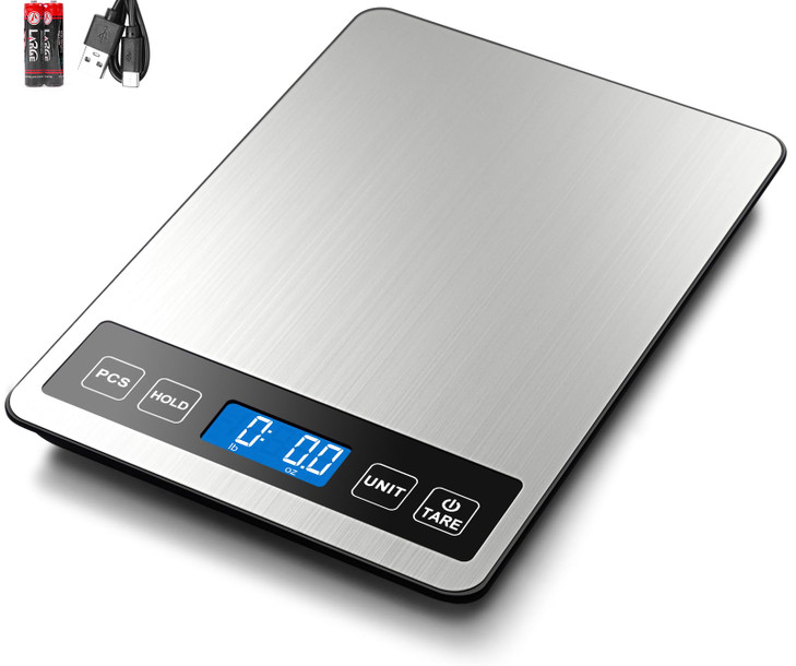 Fuzion Food Scale, 1g/0.1oz Digital Kitchen Scale - 22lb, 7 Units, Tare & PCS, Rechargeable Power, Tempered Glass & Stainless Steel - Food Weight Sca