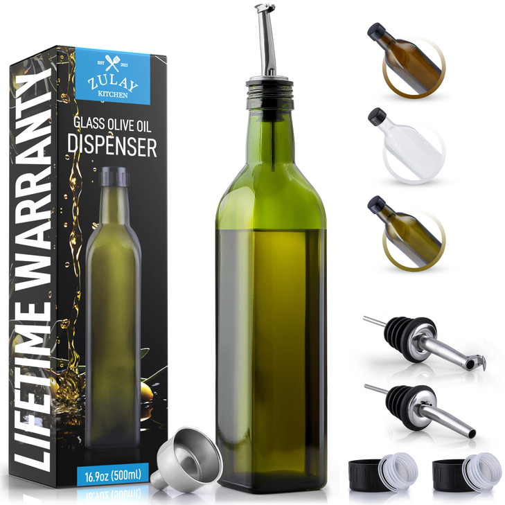 Zulay Kitchen 17oz Olive Oil Dispenser Bottle  Glass Oil Cruet with Spout, Funnel & Pourers, Easy-Pour Decanter for Kitchen Cooking and Serving (Gre