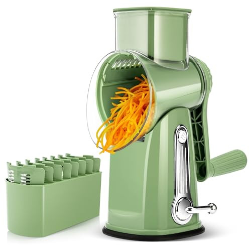 SUSTEAS Rotary Cheese Grater with Handle - Vegetable Shredder with 5 Well-designed Blades & Strong Suction Base,Round Mandoline Slicer & Food Chopper