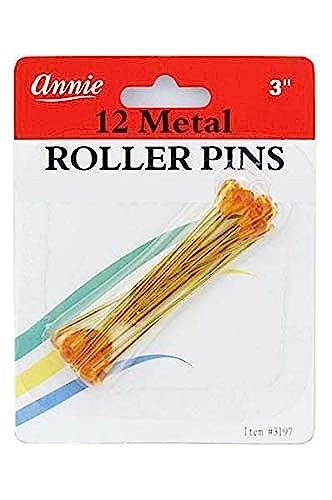 Annie Metal Roller Pins 3 Inch, 12 Count, Amber Steel Hair Roller Pins for Wire Mesh Rollers & Foam Curlers, Secure Hold for Overnight Sets, Salon &