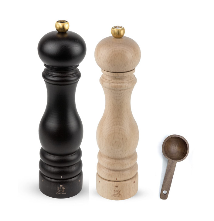 Peugeot Paris u'Select 6 Setting Manual beechwood Zirlion Salt & Pepper Mill Set With Wooden Spice Scoop Made In France (Chocolate & Natural, 9- Inch