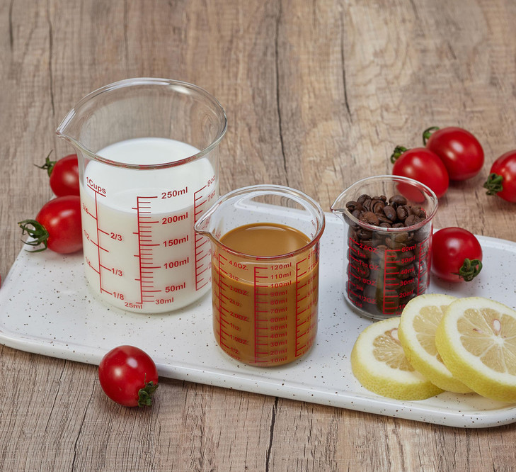 Ackers High Borosilicate Glass Measuring Cup Set with Pour Spout,60ml(2OZ),120ml(4OZ), 250ml(8OZ) Glass Measuring Beaker for Kitchen or Restaurant, E