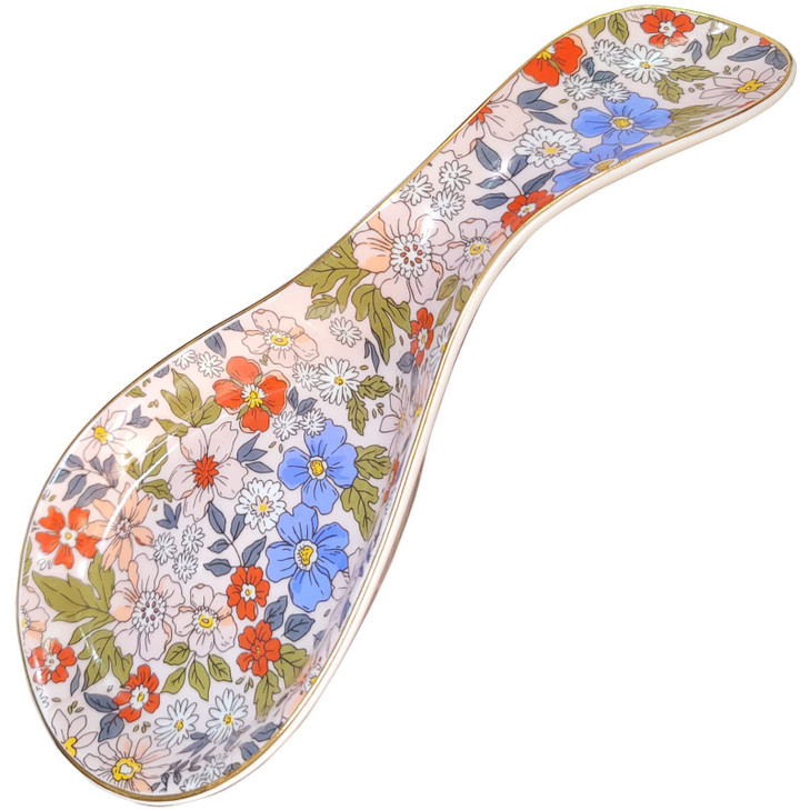 LEAZUL Ceramic Spoon Rest for Stove Top Kitchen Counter Large Spoon Holder Farmhouse Floral Flowers Print Coffee Spoon Cooking Utensil Tools Rest Mod