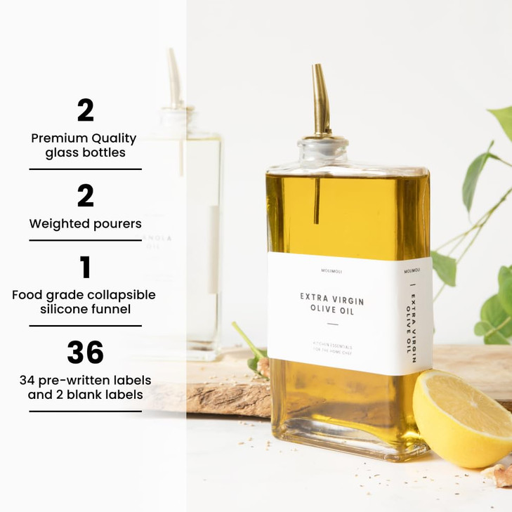 Molimoli Olive Oil Dispenser Bottle for Kitchen, Automatic Pourer, Glass Thin Bottle Dispenser for Kitchen, Olive Oil Cruet, | Set of 2 - Gold