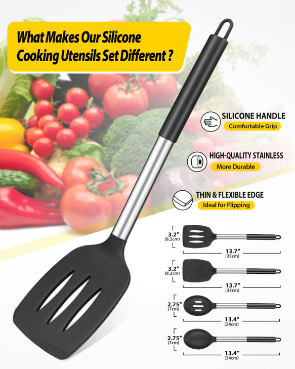 Pack of 4 Silicone Cooking Utensils Set, Non Stick Large Solid Spatulas, Heat Resistant Black Slotted Spoons, Ideal BPA Free Kitchen Turners for Fryi
