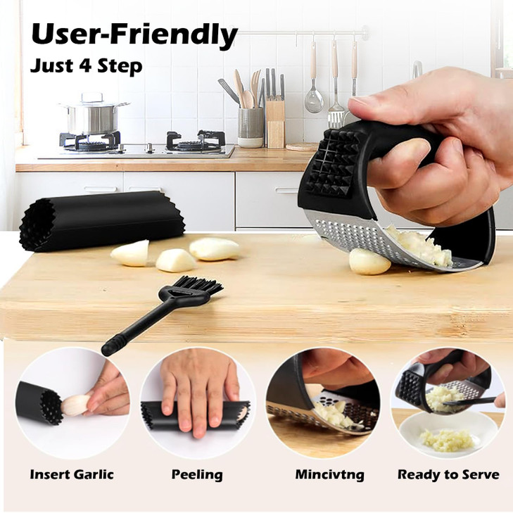 FATUXZ Garlic Press Rocker Set?Stainless Steel Garlic Mincer Tool with Garlic Peeler and Cleaning Brush Kitchen Gadgets Essentials Garlic Chopper
