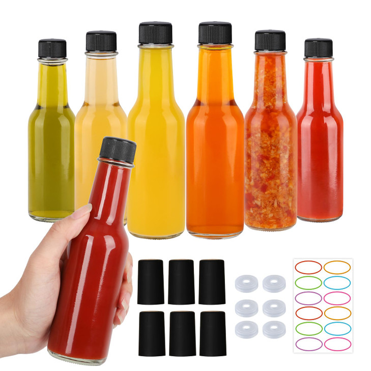 STARSIDE 5 oz Hot Sauce Bottles 6 Pack, Empty Pepper Sauce Bottle, Clear Glass Woozy Bottles with Leak Proof Black Screw Cap,150ml Empty Wine Bottle